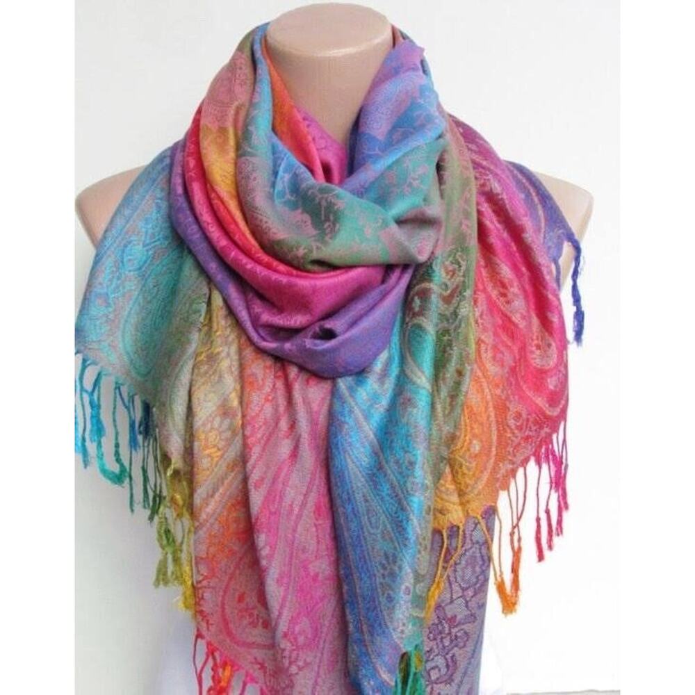 Rainbow Pashmina Silk Scarf Shawl Indian Paisley Tassel Colorful NEW
